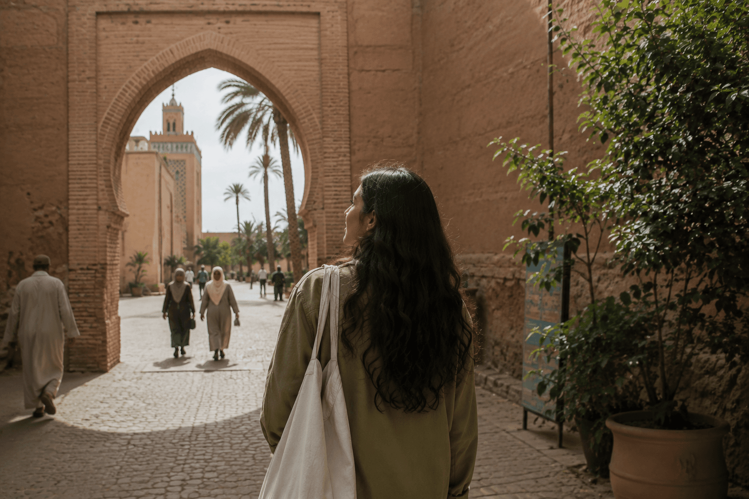A traveller walking through a tall arched gateway into a sunlit courtyard.