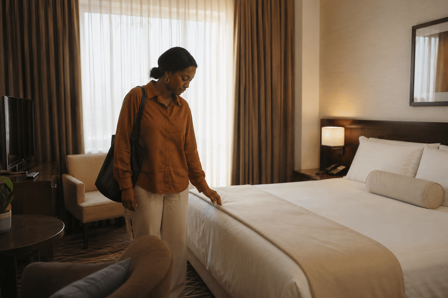 A woman checking a made bed in a quiet hotel room, bag still on her shoulder.