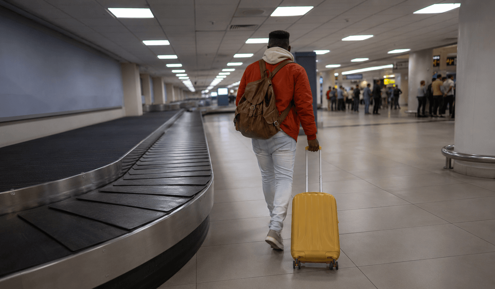 A traveller walking past an airport baggage carousel, pulling a yellow suitcase.