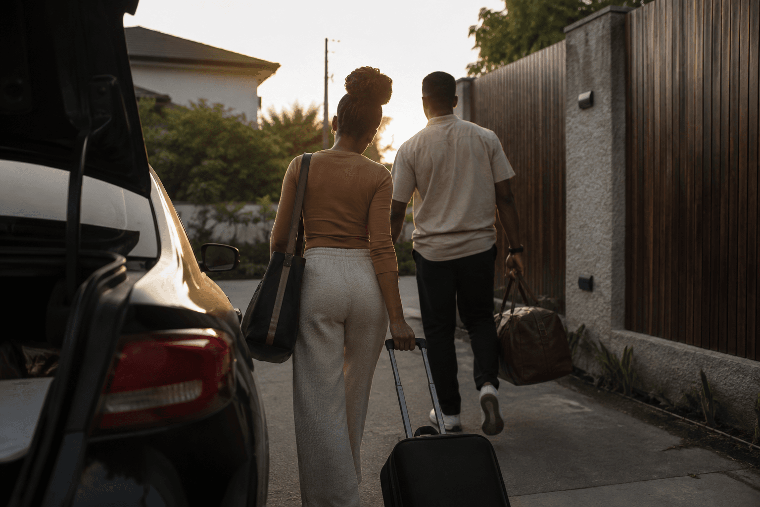 Two travellers walking with luggage toward a doorway in the late afternoon.