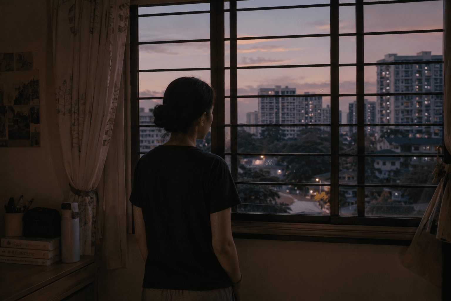 A woman standing at a window, looking out over the city at dusk.