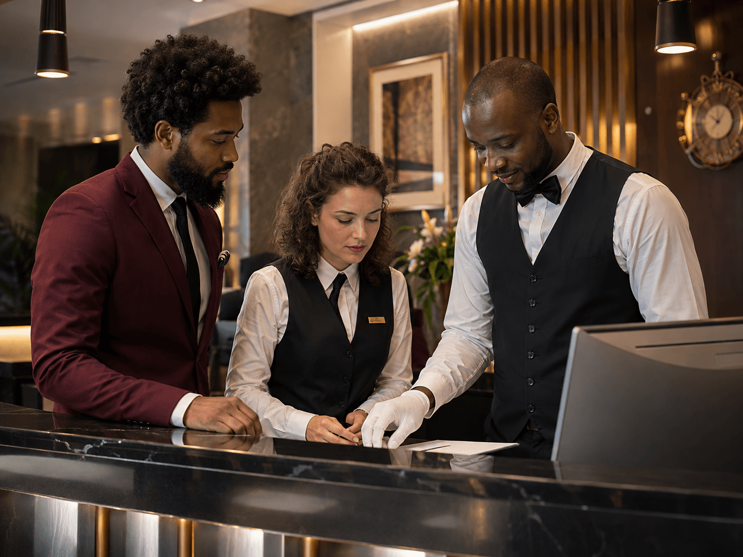 Three hospitality staff at a reception desk, going over the day's service together before opening.