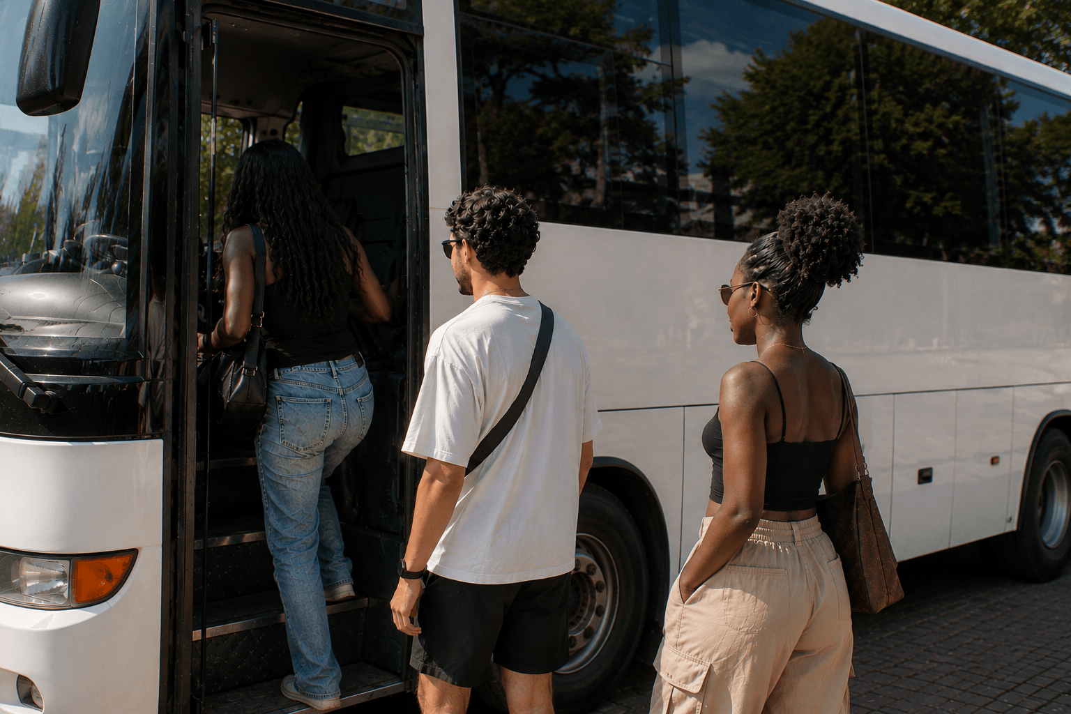 Three travellers boarding a plain white coach on a tree-lined street, seen from behind, mid-movement.