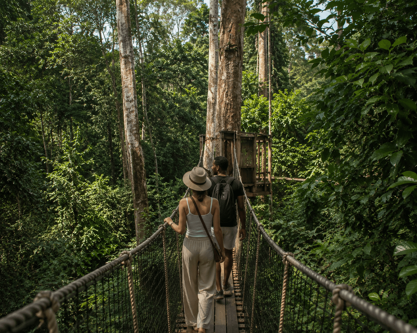 Two people walking a rope-and-plank canopy walkway through rainforest, seen from behind.